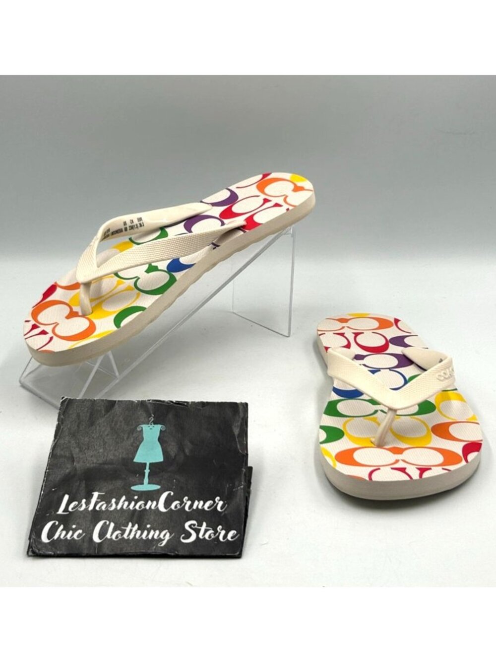 Coach Women's Rainbow Rubber Zak Signature C Pattern Flip Flops  Size 6 3526